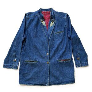 Vintage Western Denim Blazer Jean Jacket Suede Applique Peekaboo Contrast Trim